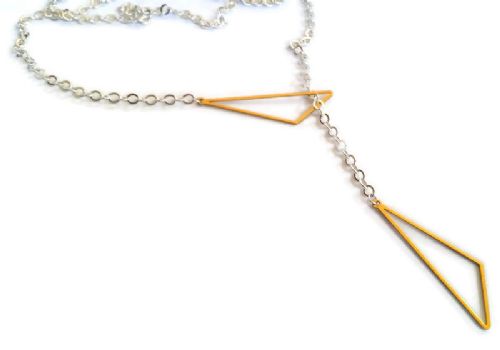 Silver chain Lariat with Gold Triangles